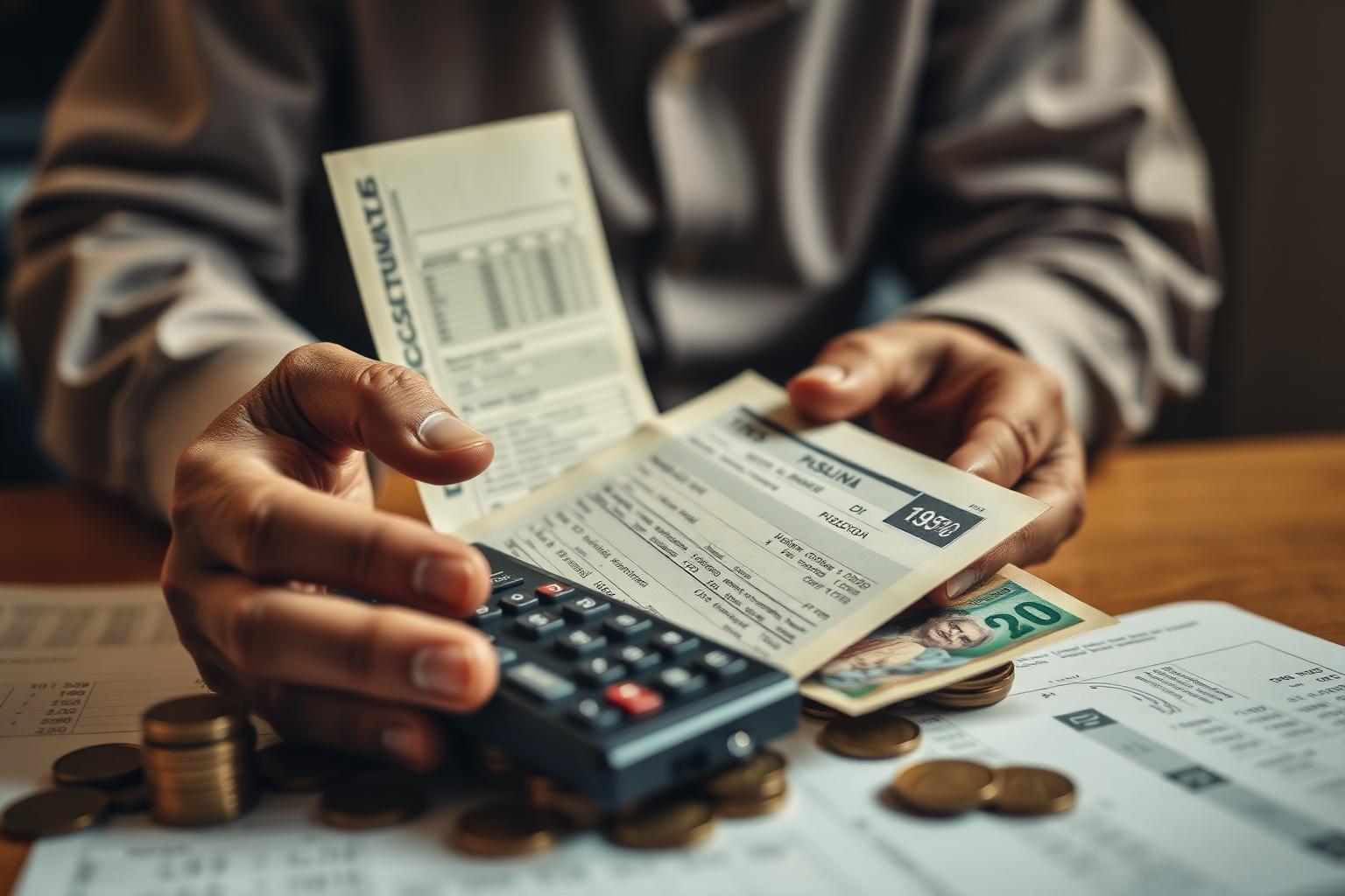Trabalhador conferindo extratos do PIS/PASEP com calculadora